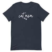 women's navy t-shirt with simple, minimalist "cat mom" and cat paw prints in white