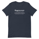 navy unisex t-shirt with "dog-trovert" text with definition for shy dog owner, introvert dog lover.