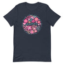 navy women's t-shirt with vintage boho pink floral design with "Mama" text