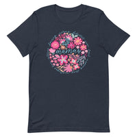 navy women's t-shirt with vintage boho pink floral design with "Mama" text