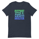 unisex navy blue t-shirt "support your local animal shelter" wavy text in blue and green for pet lovers