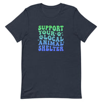 unisex navy blue t-shirt "support your local animal shelter" wavy text in blue and green for pet lovers