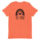 orange women's t-shirt with positive message "be kind" with a cute rainbow and heart. all black design.