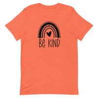 orange women's t-shirt with positive message "be kind" with a cute rainbow and heart. all black design.