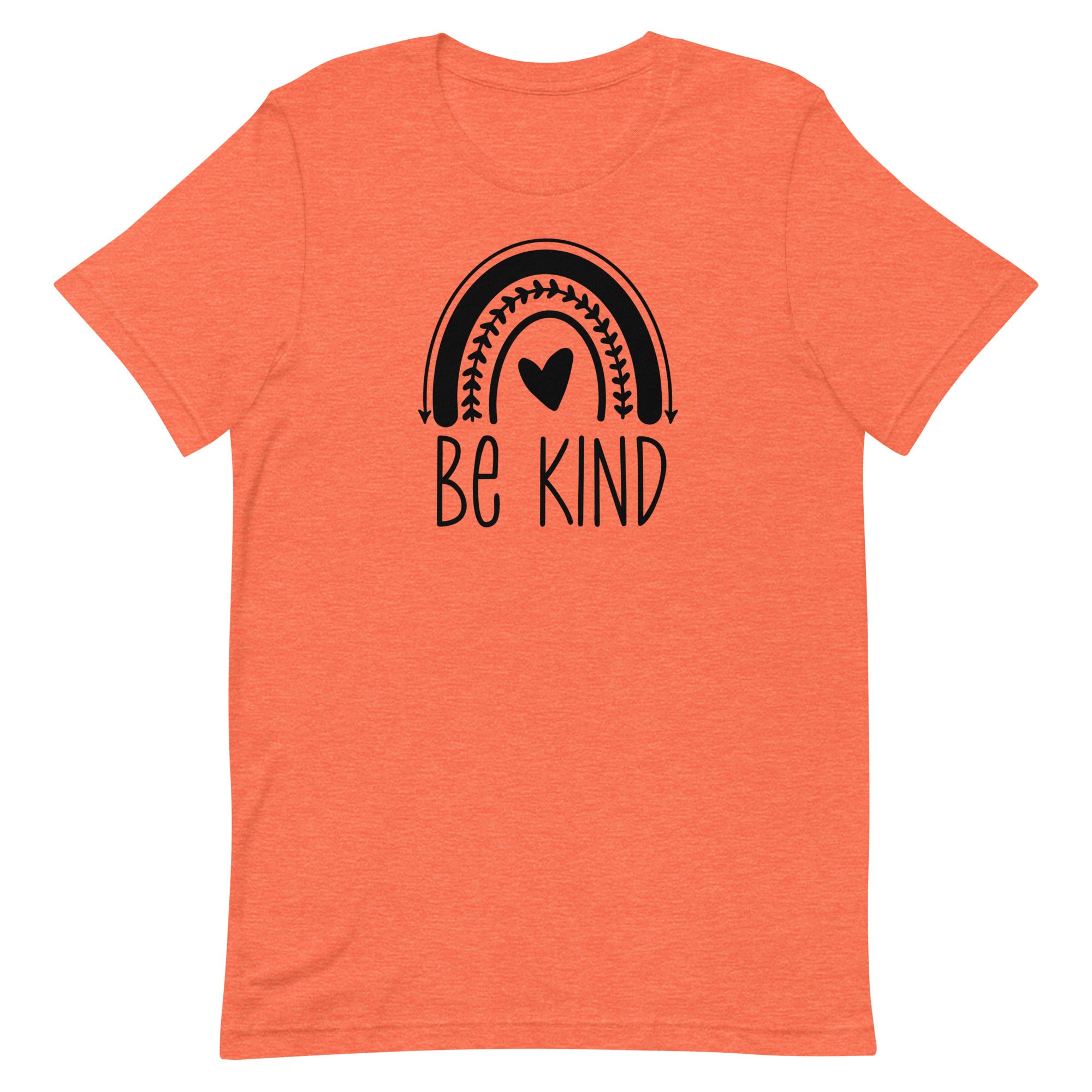 orange women's t-shirt with positive message "be kind" with a cute rainbow and heart. all black design.