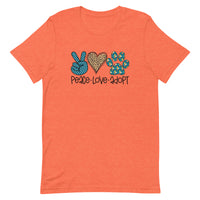 Orange t-shirt with "peace love adopt" text for pet adoption and animal shelter supporters with peace sign, heart, paw print in teal and leopard print