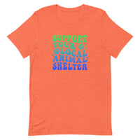 unisex orange t-shirt "support your local animal shelter" wavy text in blue and green for pet lovers