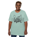 cute women's light green/blue t-shirt with "Cat Mom" surrounded by cat ears and cat whiskers in black