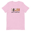 lilac/light pink t-shirt with 'cat mama' text and cat paw illustrations doing the rock, paper, scissors game