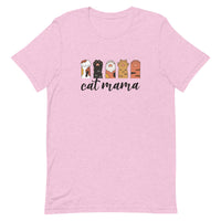 lilac/light pink t-shirt with 'cat mama' text and cat paw illustrations doing the rock, paper, scissors game