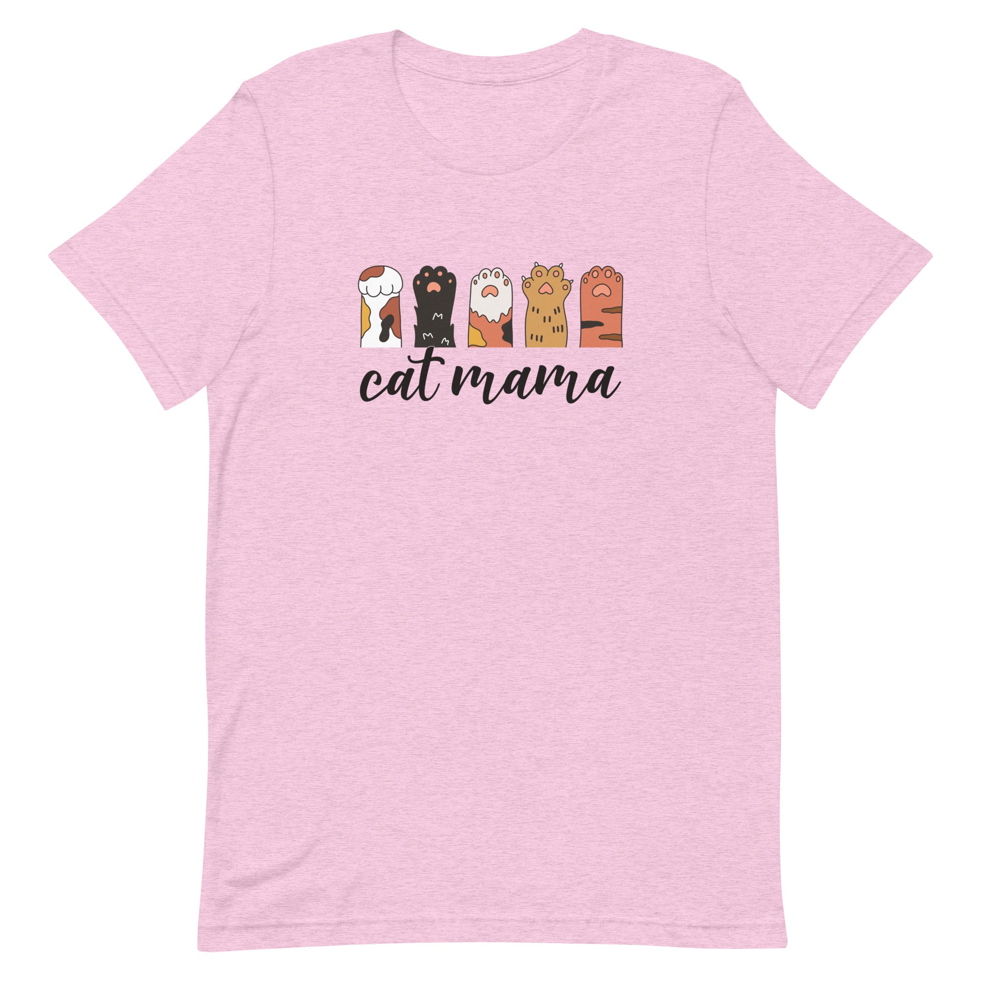 lilac/light pink t-shirt with 'cat mama' text and cat paw illustrations doing the rock, paper, scissors game