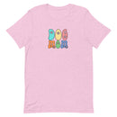 lilac pink women's t-shirt with simple cute "Dog Mom" text in bright 6 colors with floral accents for gift.