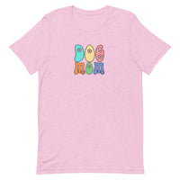 lilac pink women's t-shirt with simple cute "Dog Mom" text in bright 6 colors with floral accents for gift.