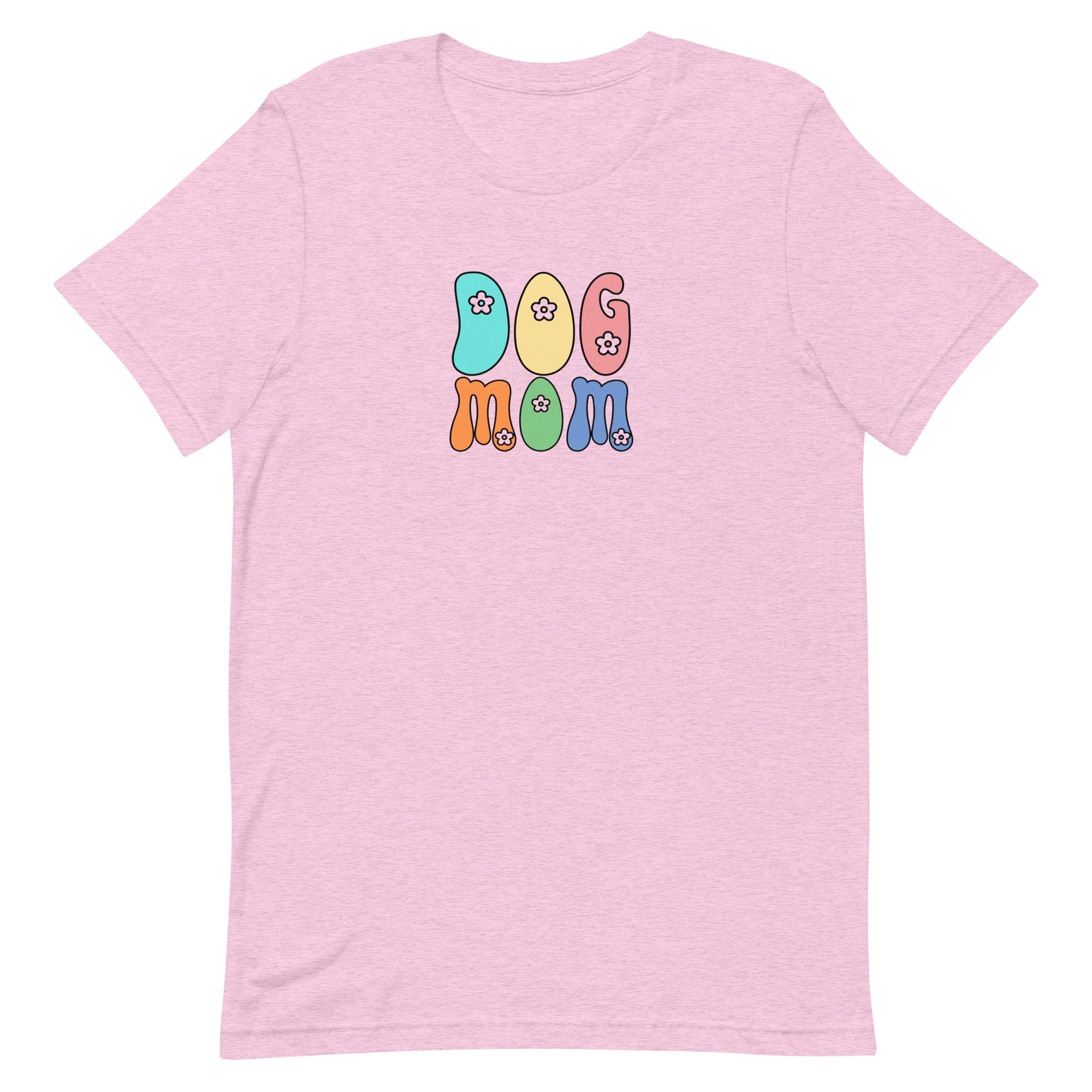 lilac pink women's t-shirt with simple cute "Dog Mom" text in bright 6 colors with floral accents for gift.