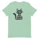 women's mint/light green t-shirt with "Life is better with cats" text on black cat image, gift for cat moms