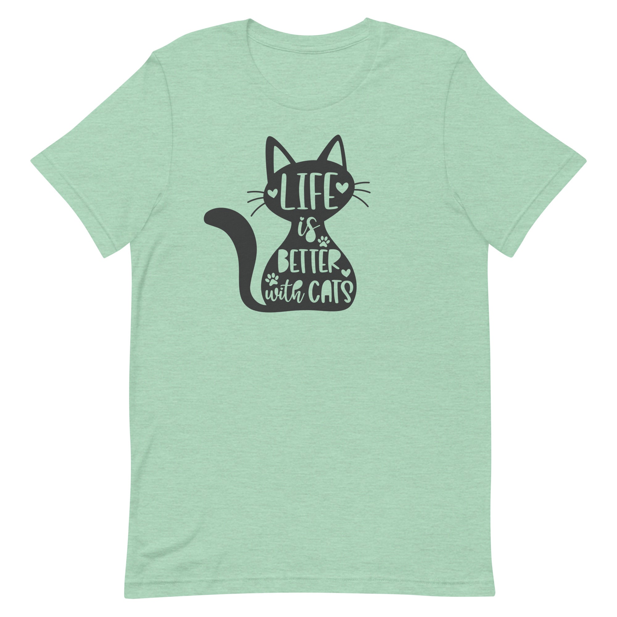 women's mint/light green t-shirt with "Life is better with cats" text on black cat image, gift for cat moms