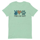light green t-shirt with "peace love adopt" text for pet adoption and animal shelter supporters with peace sign, heart, paw print in teal and leopard print