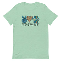 light green t-shirt with "peace love adopt" text for pet adoption and animal shelter supporters with peace sign, heart, paw print in teal and leopard print