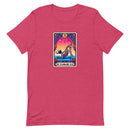 unisex dark pink dog humor t-shirt with skeleton dog doing yoga on a tarot card. "downward dog" text on bright colors. 
