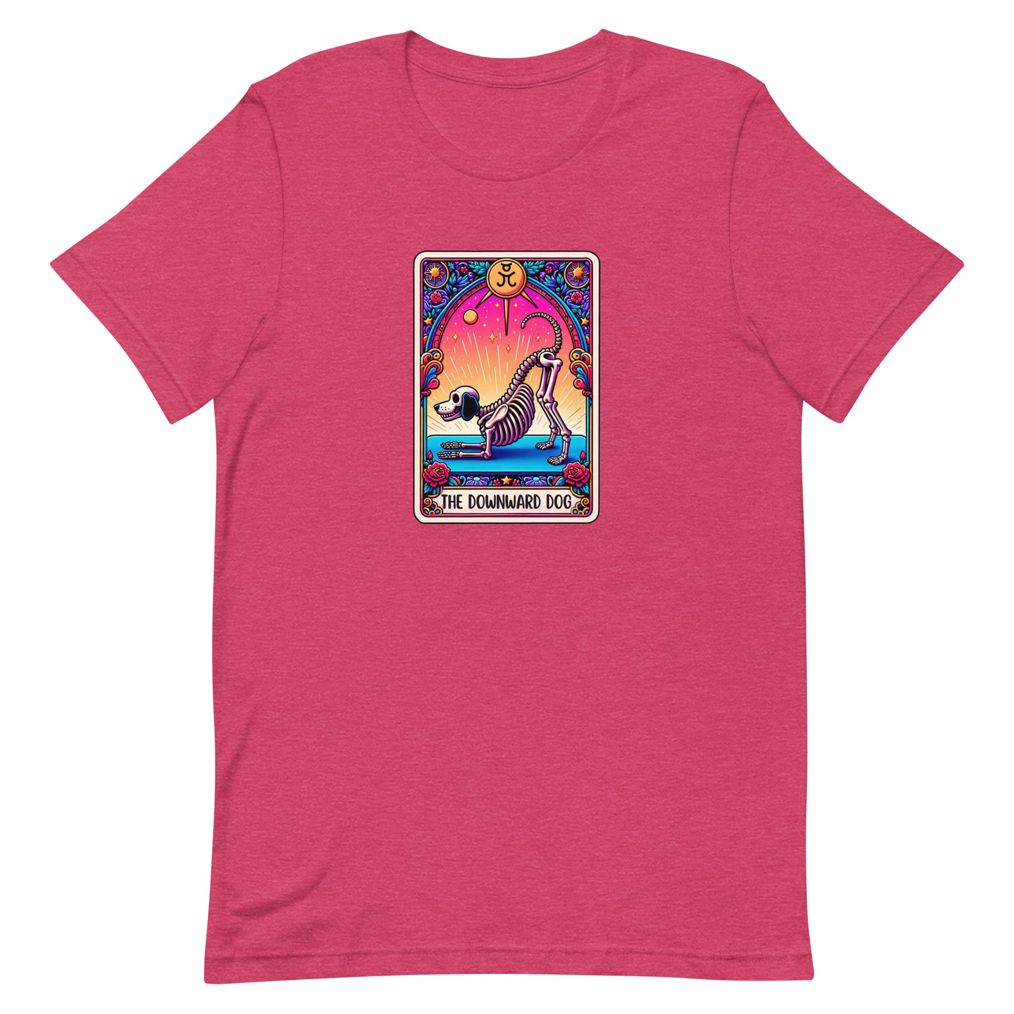 unisex dark pink dog humor t-shirt with skeleton dog doing yoga on a tarot card. "downward dog" text on bright colors. 