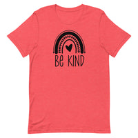 red unisex t-shirt with positive message "be kind" with a cute rainbow and heart. all black design.