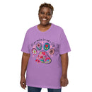 purple unisex t-shirt with dog lover saying "All You Need is Love and a Dog" with floral paw print for dog moms