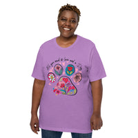purple unisex t-shirt with dog lover saying "All You Need is Love and a Dog" with floral paw print for dog moms