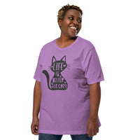 women's purple t-shirt with "Life is better with cats" text on black cat image, gift for cat moms