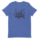 cute women's blue t-shirt with "Cat Mom" surrounded by cat ears and cat whiskers in black