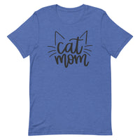 cute women's blue t-shirt with "Cat Mom" surrounded by cat ears and cat whiskers in black