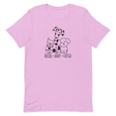lilac/lavender t-shirt with animal, shelter pet saying "rescue, adopt, foster" with 3 cute cartoon dog images