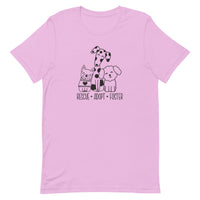 lilac/lavender t-shirt with animal, shelter pet saying "rescue, adopt, foster" with 3 cute cartoon dog images