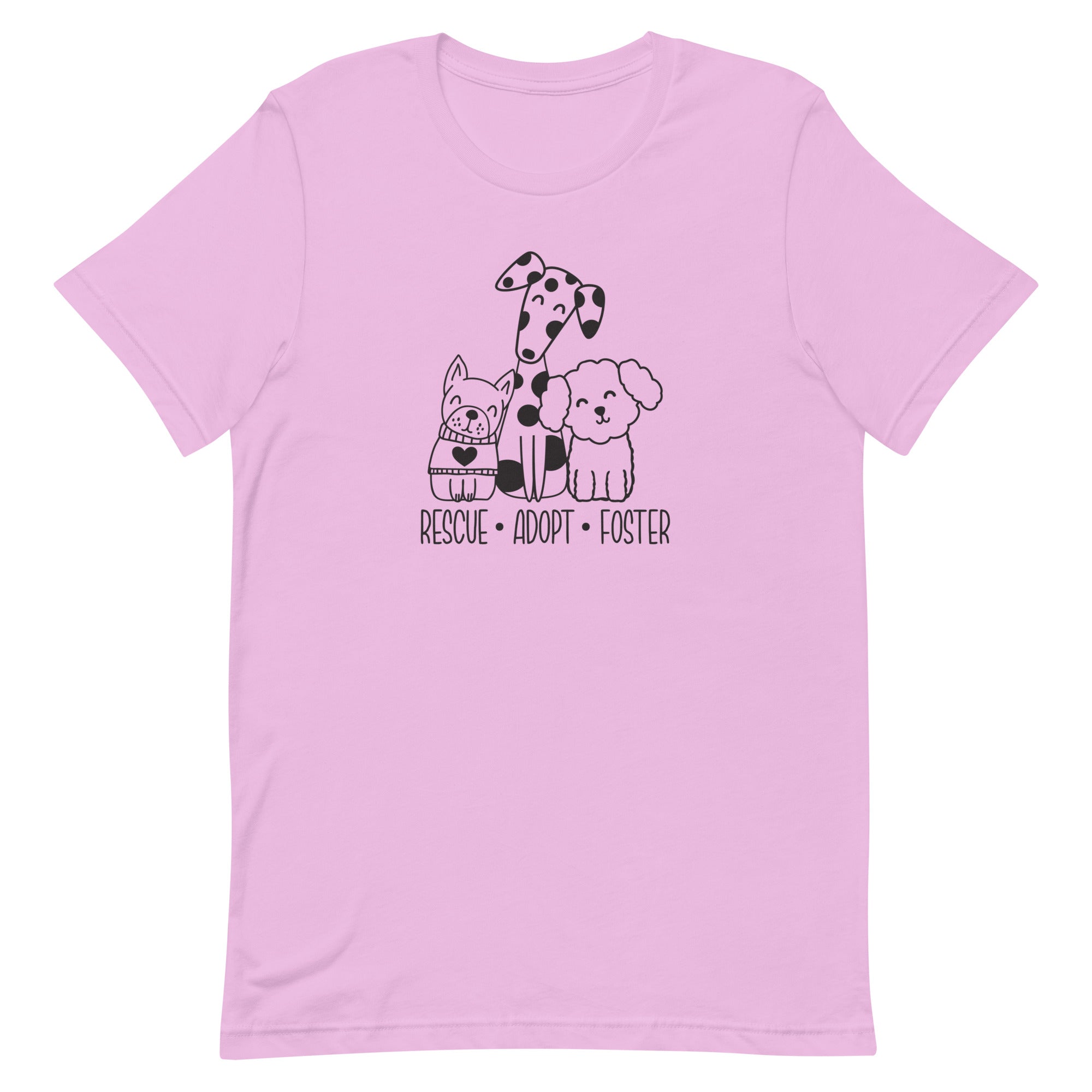 lilac/lavender t-shirt with animal, shelter pet saying "rescue, adopt, foster" with 3 cute cartoon dog images