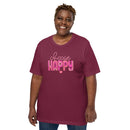 unisex maroon t-shirt with "choose happy" positive message in pink