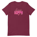 unisex maroon t-shirt with "choose happy" positive message in pink