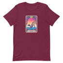 unisex maroon dog humor t-shirt with skeleton dog doing yoga on a tarot card. "downward dog" text on bright colors. 