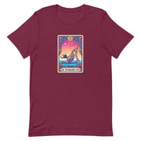 unisex maroon dog humor t-shirt with skeleton dog doing yoga on a tarot card. "downward dog" text on bright colors. 