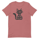 women's mauve t-shirt with "Life is better with cats" text on black cat image, gift for cat moms