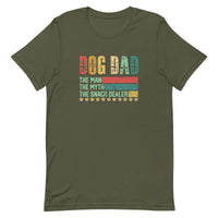 men's vintage military green t-shirt with "Dog Dad, the man, the myth, the snack dealer" distressed text 