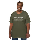 military green unisex t-shirt with "dog-trovert" text with definition for shy dog owner, introvert dog lover.