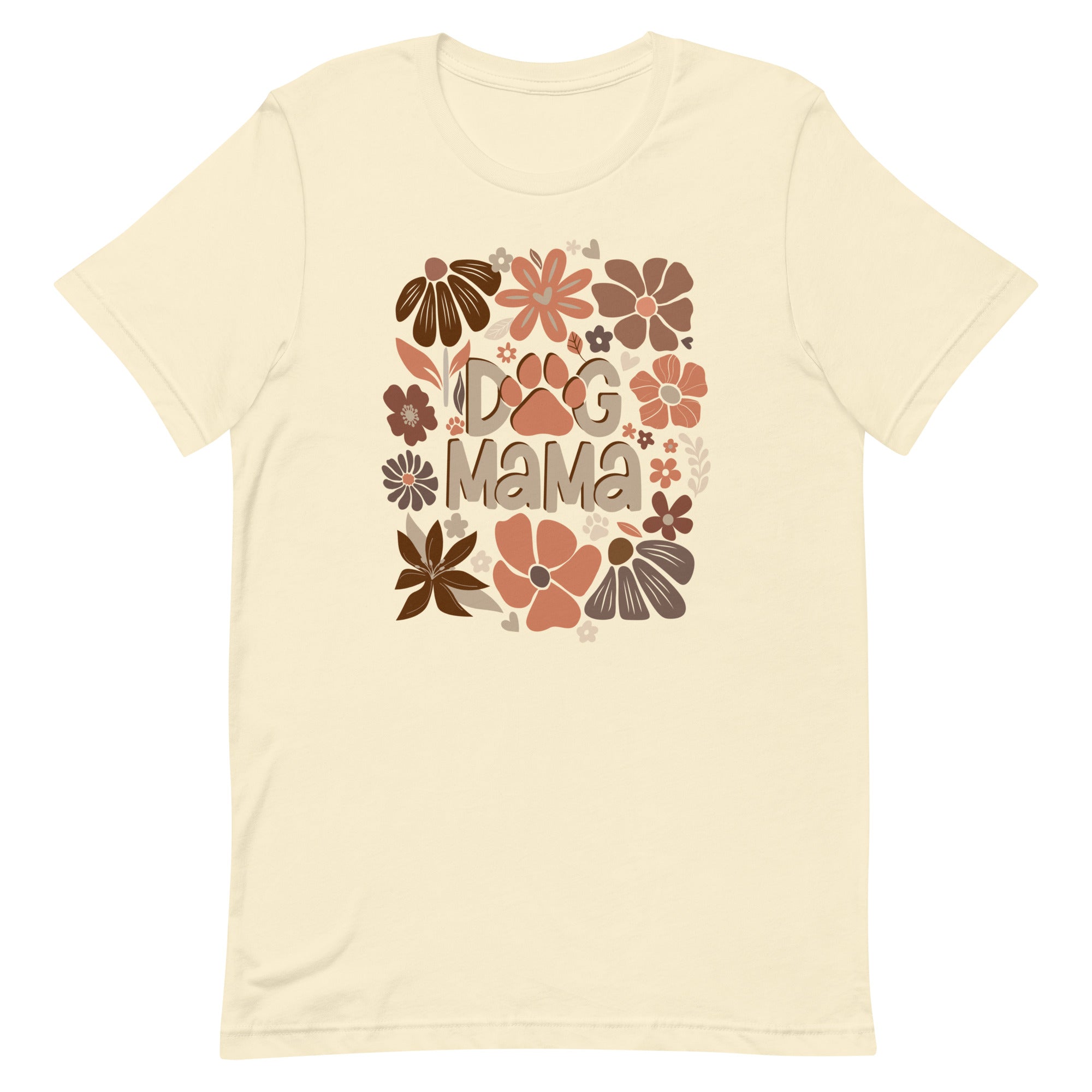 women's natural/light yellow t-shirt with "dog mama" text in trendy neutral browns, coffee, chocolate, cream and clay
