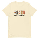 Beige t-shirt with 'cat mama' text and cat paw illustrations doing the rock, paper, scissors game