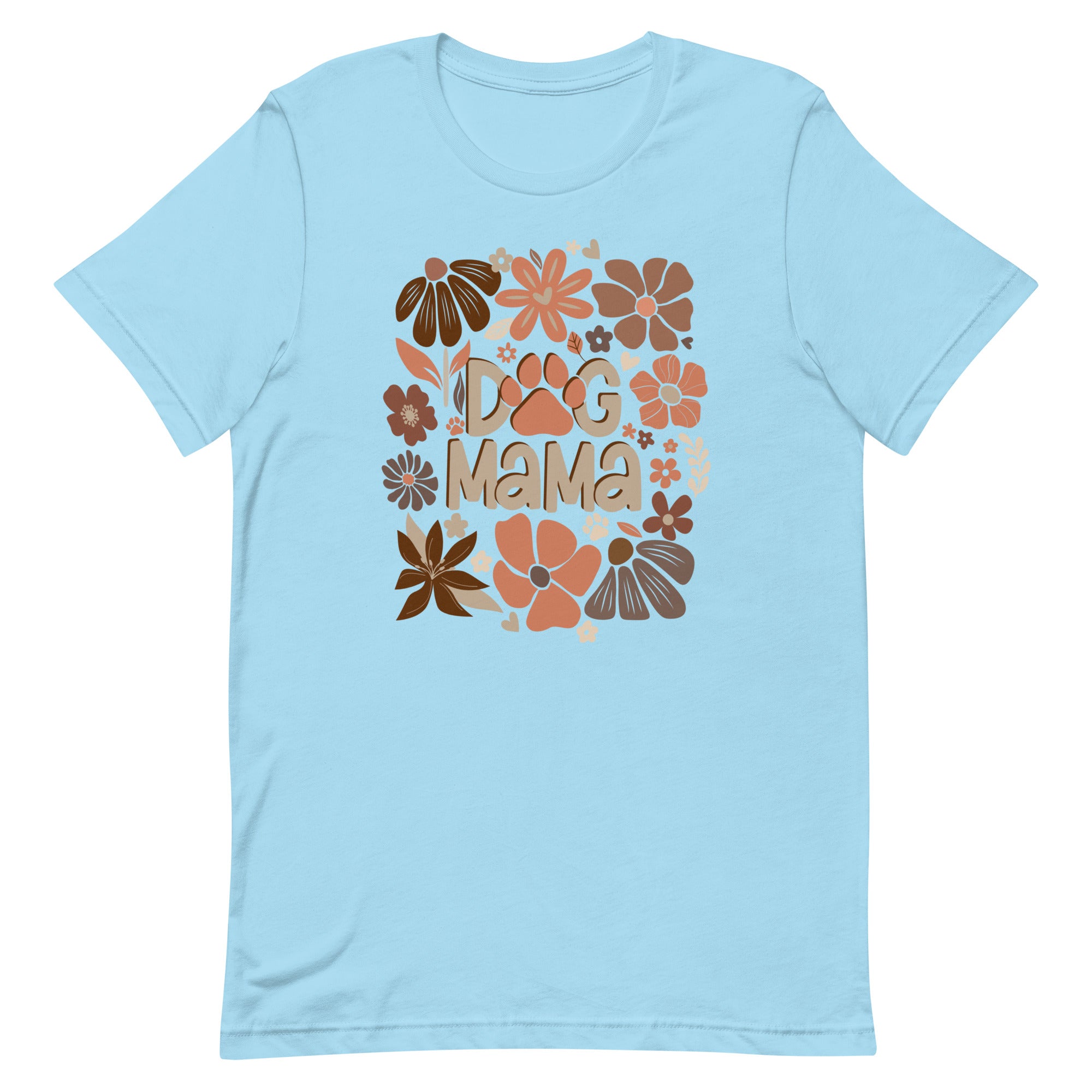 women's light blue t-shirt with "dog mama" text in trendy neutral browns, coffee, chocolate, cream and clay