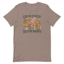 brown Unisex T-shirt with be yourself message "Grow Freely Bloom Wildly" in a field of wildflowers