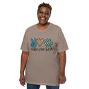 brown t-shirt with "peace love adopt" text for pet adoption and animal shelter supporters with peace sign, heart, paw print in teal and leopard print