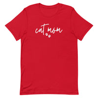 women's red t-shirt with simple, minimalist "cat mom" and cat paw prints in white