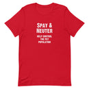 bright red t-shirt with white text 'SPAY & NEUTER HELP CONTROL THE PET POPULATION'