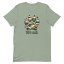 sage green t-shirt with text "Dog Dad" in dark green with a camo print dog paw print for outdoorsy pet lovers.