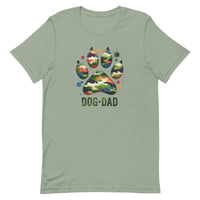 sage green t-shirt with text "Dog Dad" in dark green with a camo print dog paw print for outdoorsy pet lovers.