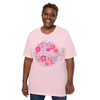 pink women's t-shirt with vintage boho pink floral design with "Mama" text